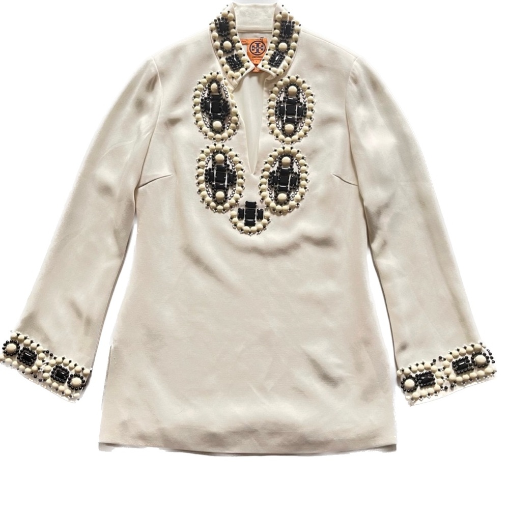 TORY BURCH Ivory Heavily Beaded Tunic Top sz 6 - Picture 1 of 13